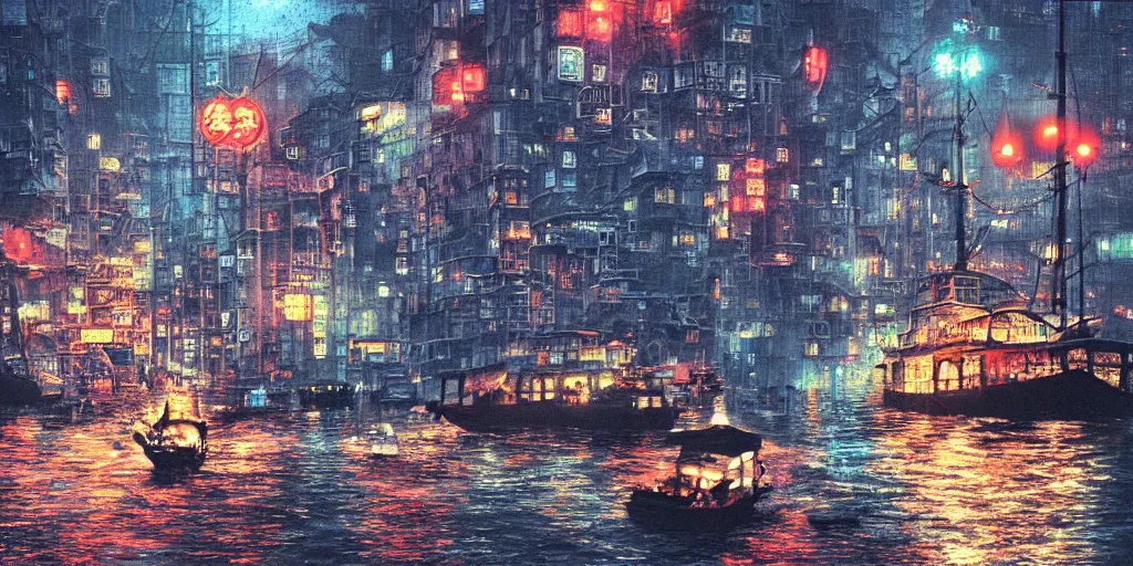 Image similar to cruiser sailing on flooded miniature kowloon city at night, raining, misty, art by yoshitaka amano, and artgerm, pixel art