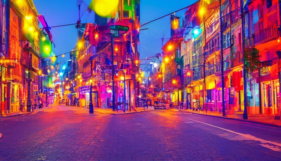 Image similar to a beautiful colorful city street at night