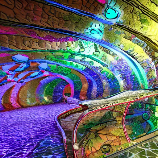 Image similar to underground cinema, realistic architecture, colorfull lights, octane render, 4k, 8k, fractals, psychedelic