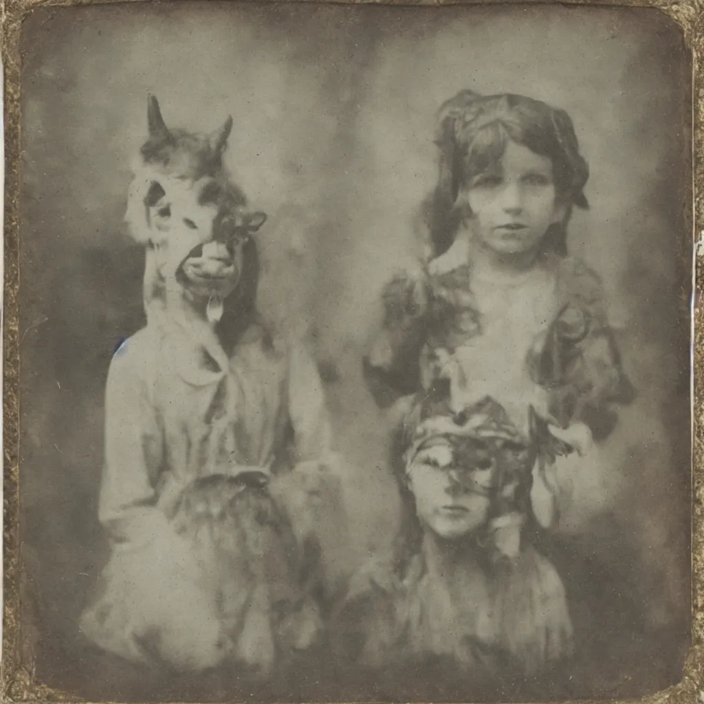 Prompt: tintype of a girl with a goat mask