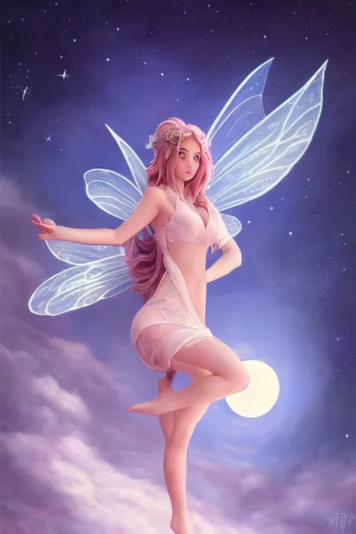 Image similar to attractive fairy magically floating high in the night, fantasy, full moon in background. highly detailed painting by artgerm, mid shot, 8 k