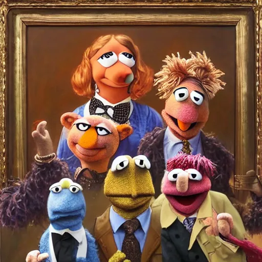 Prompt: muppet show, oil on canvas, surrealism, highly detailed, masterpiece, award - winning, artstationhd