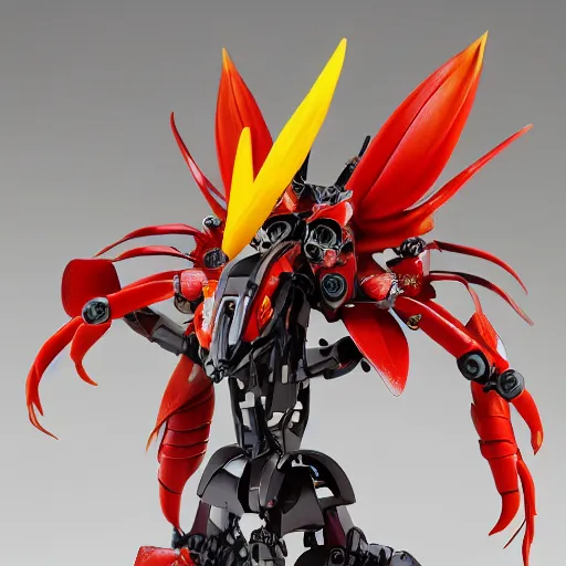 Image similar to futuristic heliconia rostrata mecha lobster claw plant body, sepals forming helmet, floral details, heliconia, 8 k hd resolution, barbatos gundam with floral inlay, bandai box art, star wars, makoto kobayashi, frank gehry, raymond swanland