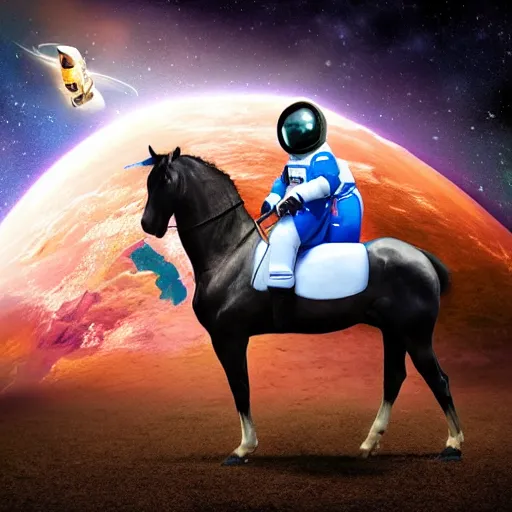 Prompt: a horse above a man in space suit, horse riding astronaut, space background, art