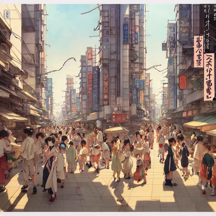 Image similar to japanese big city, summer, in the style of studio ghibli, j. c. leyendecker, greg rutkowski, artem