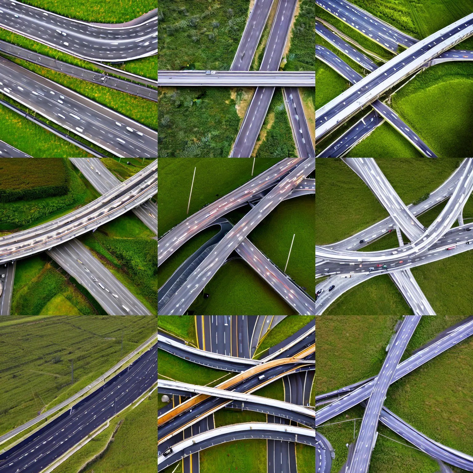 Prompt: Photography shot from above of a motorway junction