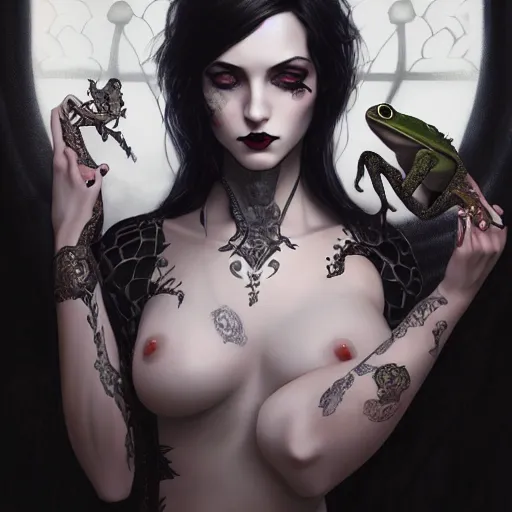 Image similar to attractive goth woman with a frog, intricate, highly detailed, digital painting, artstation, concept art, smooth, sharp focus, illustration, unreal engine 5, 8 k, art by artgerm and greg rutkowski and alphonse mucha