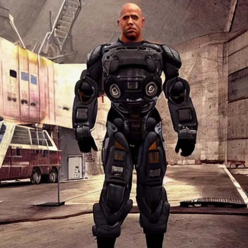 Image similar to Vin Diesel donning an HEV Mk. V suit starring in Half-Life 2