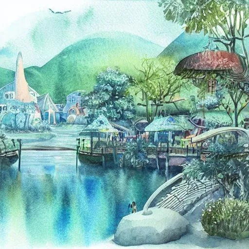 Image similar to Beautiful happy picturesque charming sci-fi town in harmony with nature. Beautiful light. Water and plants. Nice colour scheme, soft warm colour. Beautiful detailed watercolor by Lurid. (2022)