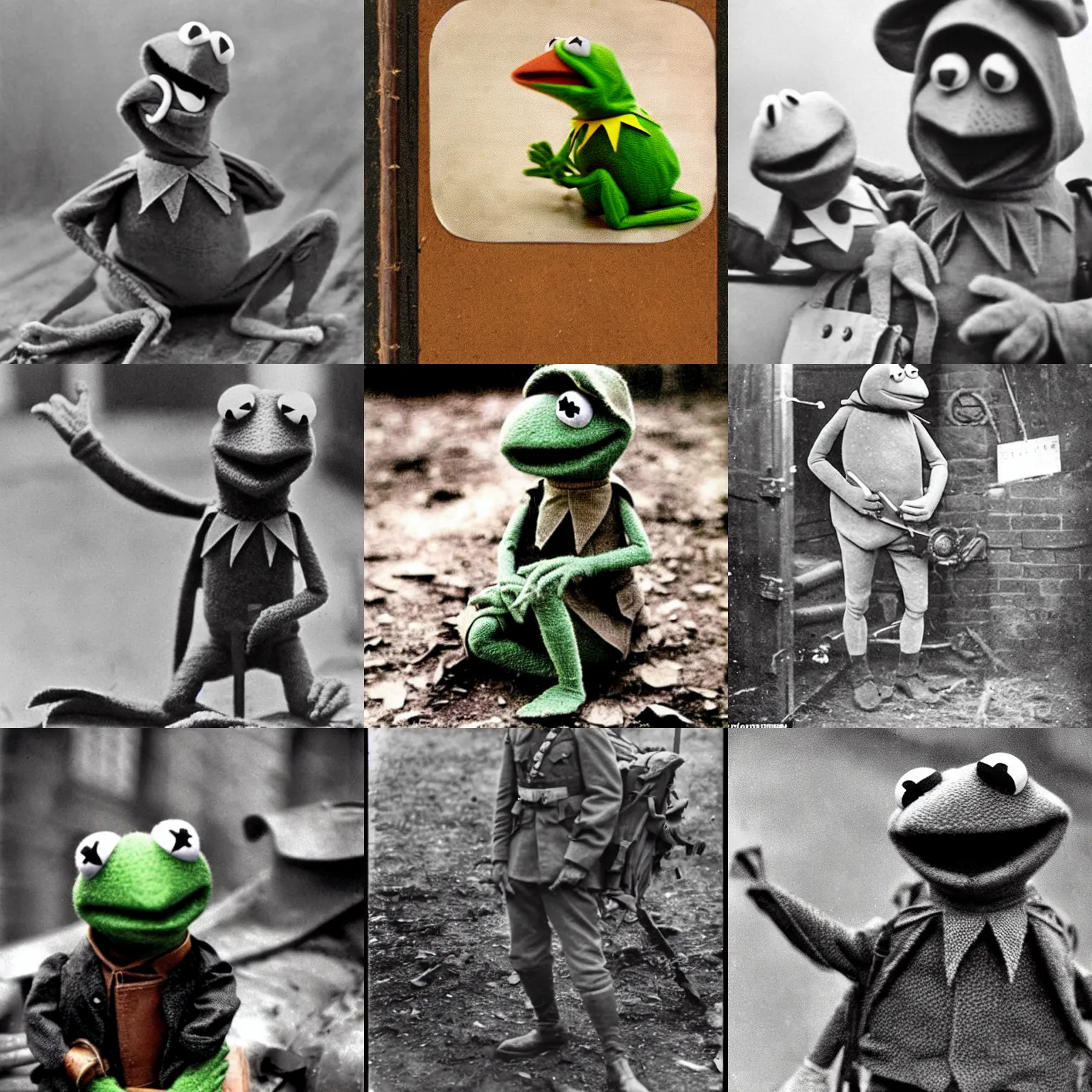 Prompt: Kermit the Frog in World War 1, vintage photography