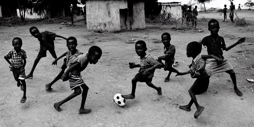 Image similar to kenyan village, black kids playing football, film photography, exposed b & w photography, christopher morris photography, bruce davidson photography, peter marlow photography