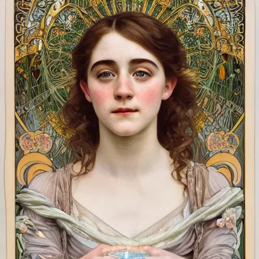 Image similar to a detailed, intricate art nouveau portrait painting of a girl who resembles 1 8 - year - old saoirse ronan and emma watson in a white bridal gown, in a garden of fireflies and glowing lanterns at night, by alphonse mucha, donato giancola, and john william waterhouse