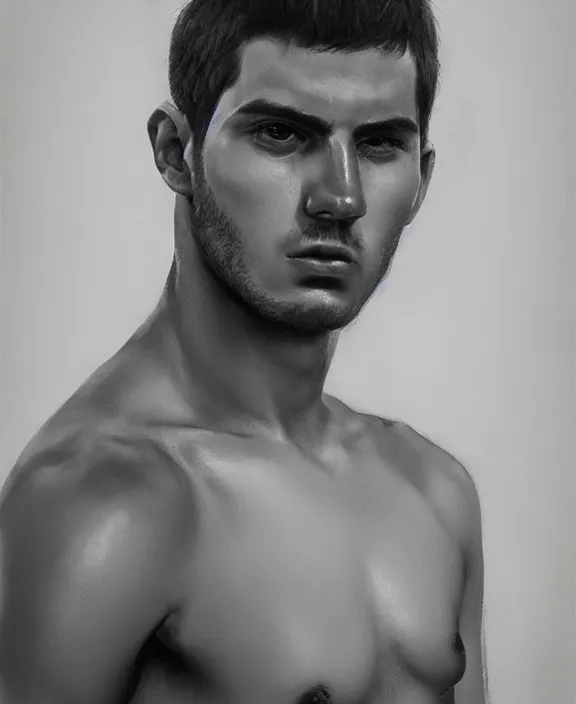 Prompt: heroic portrait of a young greek man. art by denys tsiperko and bogdan rezunenko, hyperrealism