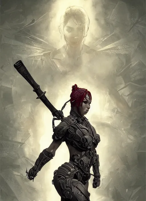 Image similar to poster!! beautiful new female character for 7 days to die, character concept art, action pose, illustration, full body armor, steel plating, huge weapon, super powers, athletic, symmetry, intricate design, shiny, highly detailed, hd, dramatic lighting, art by artgerm and greg rutkowski