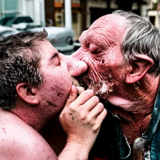 Image similar to portrait beautiful pig kissing dirty homeless old man