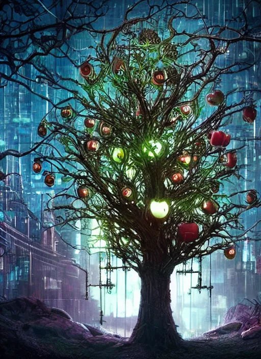 Image similar to tree with intricate mechanical apples, on the background of a weird magical mechanical forest. Very detailed 8k. Fantasy cyberpunk horror. Sharp. Cinematic post-processing