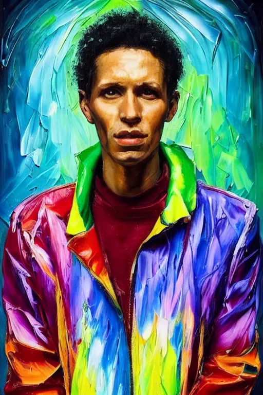 Prompt: palette knife oil painting portrait of apollo, a slender guitarist in an 8 0 s tracksuit - clashing colors, shoulder pads - and a stylish hairdo. disco northern lights. extreme detail, artstation trending, artgerm, any racial background, deviant art, hipster, octane, substance, art history 8 k