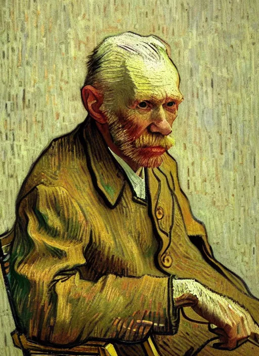 Image similar to portrait of a tired old man in a chair, detailed realism face in painting, detailed beautiful portrait, expressionist oil painting masterpiece, 8 k resolution, smooth, sharp focus, pastel color palette, trending on artstation, by van gogh