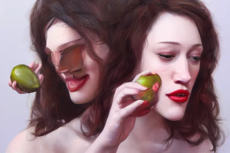 Image similar to A portrait of Kat Dennings eating various fruits by Ruan Jia and Mandy Jurgens and Artgerm and william-adolphe bouguerea, highly detailed, trending on artstation, award winning, H 768