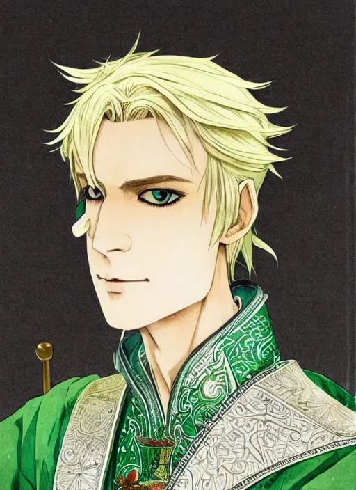 Prompt: half body portrait of a handsome blonde elf male diplomat in green and sliver tunic. detailed, wearing kimono armour, by conrad roset, takato yomamoto, jesper ejsing, masamune shiro