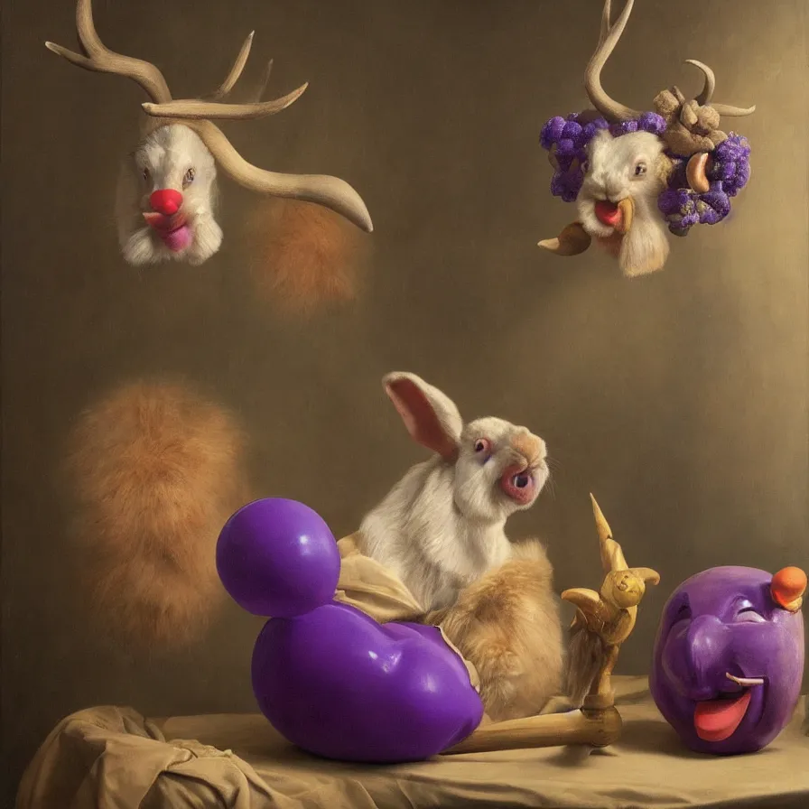 Image similar to rare hyper realistic portrait painting by dutch masters, studio lighting, brightly lit purple room, a blue rubber ducky with antlers laughing at a giant crying rabbit with a clown mask