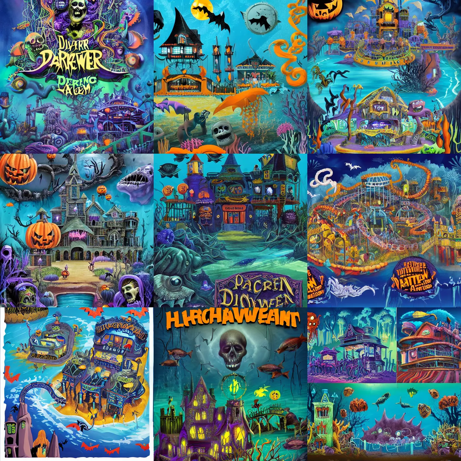 Prompt: a horror based underwater suburban amusement park that incorporates darker halloween and ocean elements in its design imagery and features attractions and houses, halloween decorations, atlantis, shipwrecks, spooky, amusement park attractions, deep sea, horror themed, fun, in the style of stephen silver and genndy tartakovsky