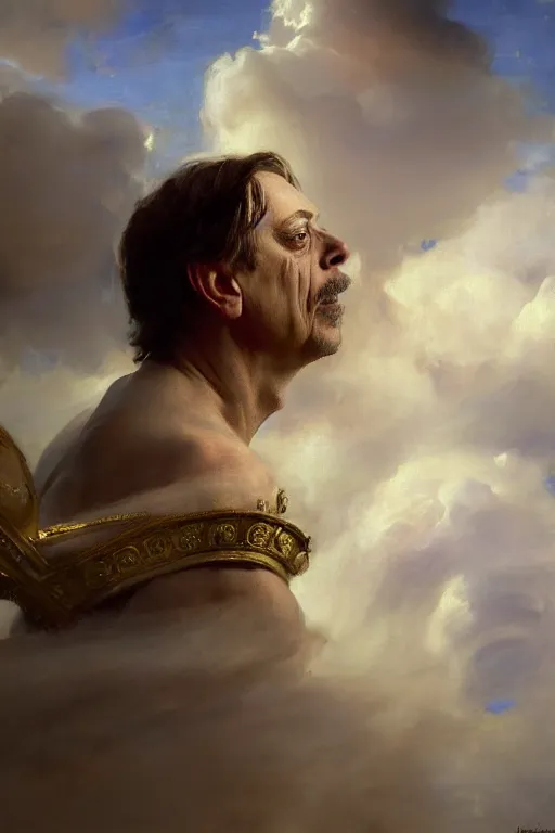 Image similar to beautiful detailed expressive impressionistic oil painting portrait of ancient roman god emperor steve buscemi ascending into the clouds wearing the civic crown, renaissance painting, art by anders zorn, wonderful masterpiece by greg rutkowski, expressive brush strokes, beautiful cinematic light, american romanticism by greg manchess, jessica rossier