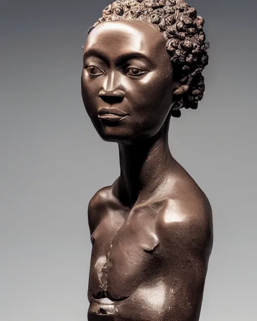 Image similar to a full figure rubber sculpture of a beautiful african warrior woman, head of a lion, by Michelangelo, dramatic lighting, wide angle lens