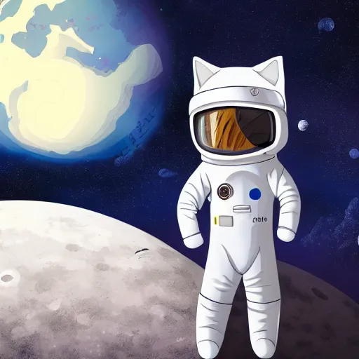 Image similar to light novel illustration cat wearing astronaut suit on the moon planet earth in the background sigma 1 4 mm f / 1. 8 astroied belt