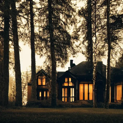 Prompt: luxury house, cinematic, filmic, photography, vignette, dark, 4 k, 8 k, ultra - hd, moody lighting, hanging in the woods