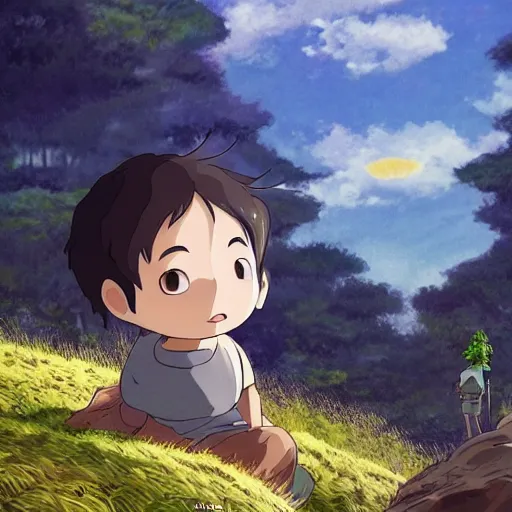 Image similar to guy and small creature , with Fragile looking character portrait face at sunshine made by Studio Ghibli highly detailed art, beautiful scene, sharp focus, smooth, nostalgic 8k, anime art, details,