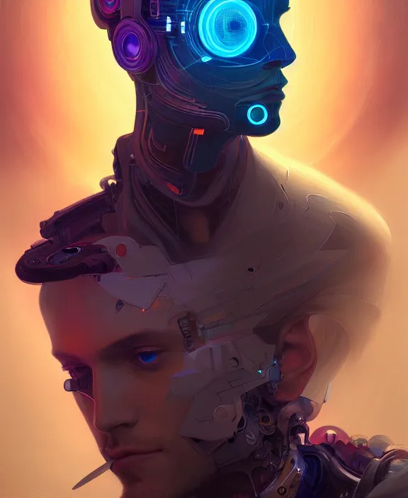 Image similar to a whirlwind inside the metaverse, guy, male, man, hologram, half body, neurochip, android, cyborg, cyberpunk face, by loish, d & d, fantasy, intricate, elegant, highly detailed, colorful, digital painting, artstation, concept art, art by artgerm and greg rutkowski and alphonse mucha