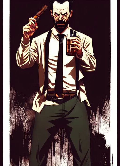 Prompt: poster artwork by Michael Whelan and Tomer Hanuka, a portrait of Max Payne drinking whisky, clean