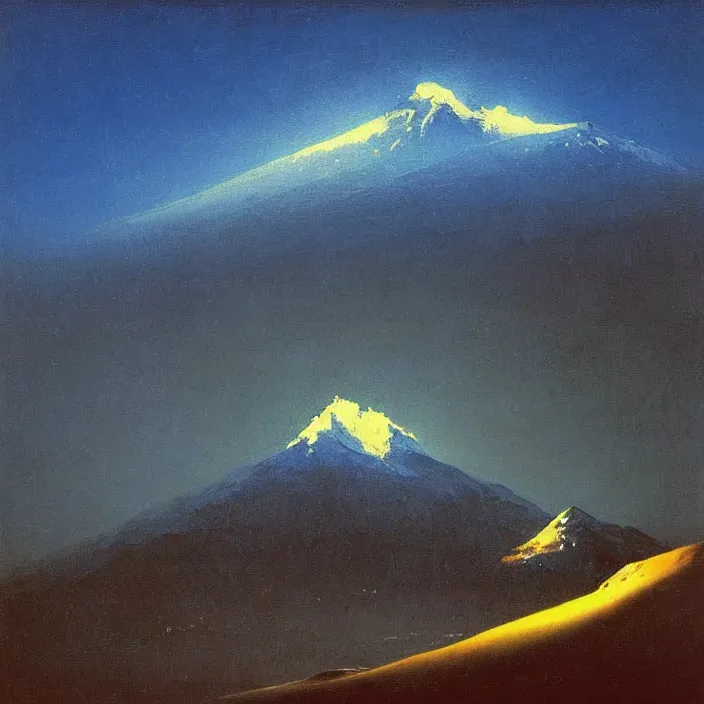 Prompt: mt elbrus at night, arkhip kuindzhi painting, oil painting, luminous light, blue palette