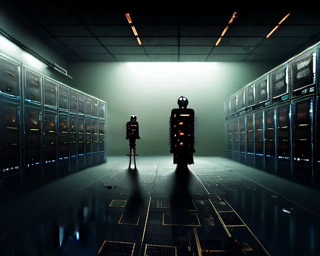 Image similar to gloomy colossal ruined server room in datacenter robot figure automata headless drone robot knight welder posing pacing fixing soldering mono sharp focus, emitting diodes, smoke, artillery, sparks, racks, system unit, motherboard, by pascal blanche rutkowski artstation hyperrealism cinematic dramatic painting concept art of detailed character design matte painting, 4 k resolution blade runner