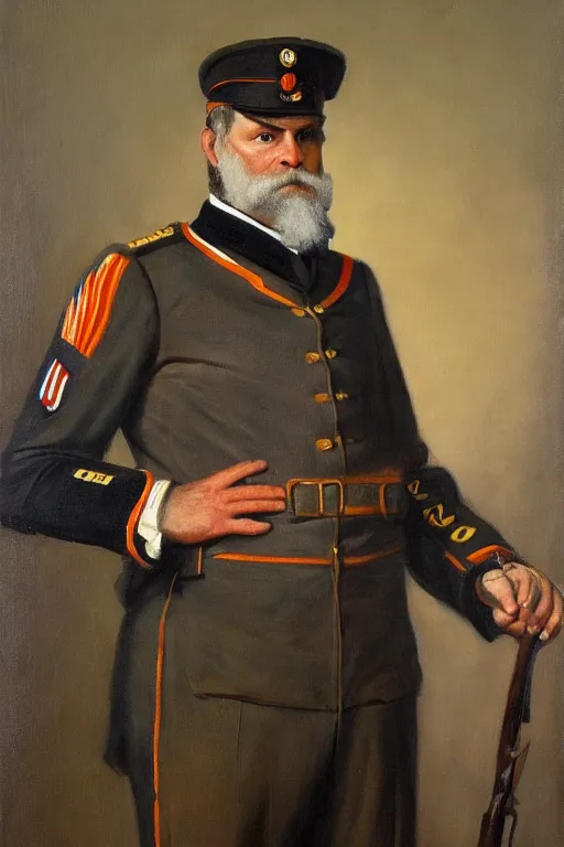 Image similar to full body portrait of the dictator of the oklahoma city thunder, 1 8 8 9, in full military garb, oil on canvas by william sidney mount, trending on artstation