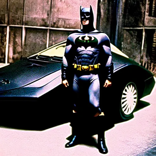 Image similar to henry cavill as batman in batman ( 1 9 8 9 ), standing next to the batmobile, by tim burton, dark deco, gotham city, film still