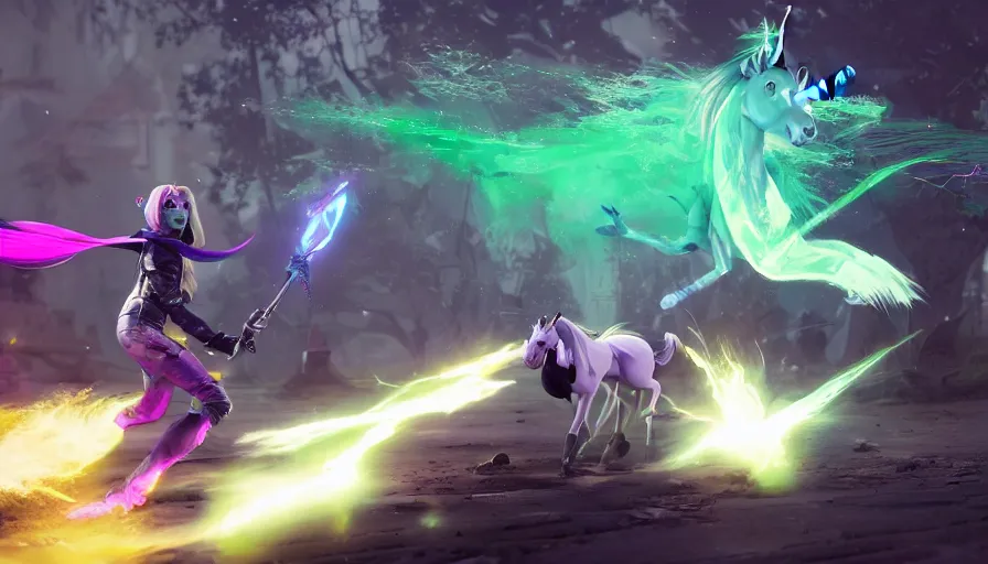 Prompt: Phantom Dust gameplay screenshot, with a unicorn from my little pony, shooting green lazer from eyes, doing Courbette, Unreal Engine 5 (2022) by Ismail Inceoglu