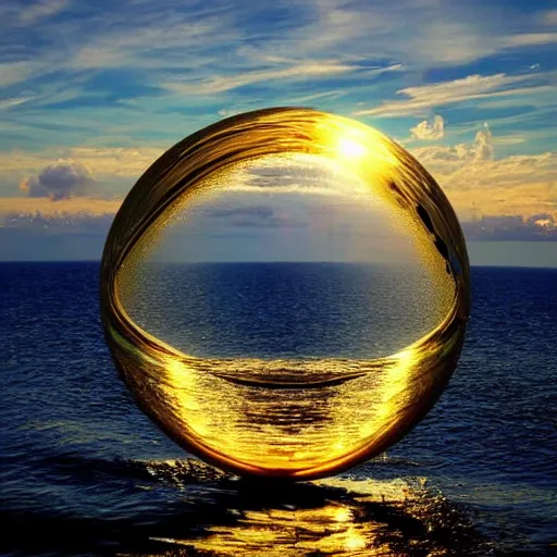 Image similar to a reflective golden eco sphere and torus in the sky over the ocean