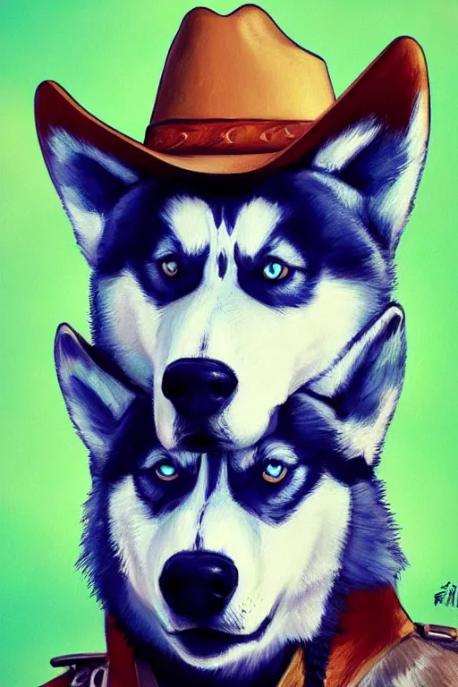 Image similar to a portrait painting of a husky in cowboy costume, wearing a cowboy hat, in the style of anime, [ western film ], humanoid, personify, anthropomorphic, trending on artstation