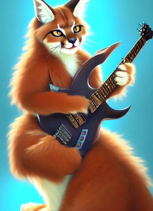 Image similar to cute fluffy caracal in pants sitting politely with electric guitar, facing the camera, anime art style, portrait, high detail, sharp focus, digital painting, artstation, concept art, art by hayao miyazaki and artgerm and greg rutkowski and alphonse mucha.