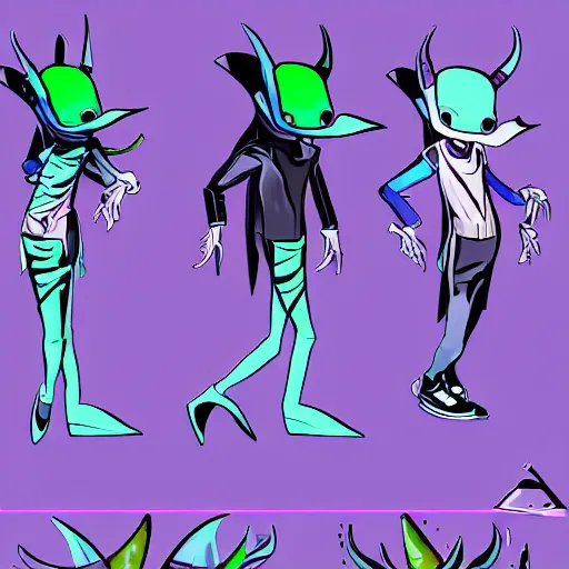 Prompt: character design sheets for a nonbinary androgynous gothic manta ray person who sells empty spray paint cans as a scam and is always covered in paint and clay and acting shady, designed by splatoon nintendo, inspired by tim shafer psychonauts 2 by double fine, cgi, professional design, gaming