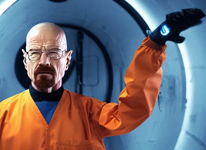 Image similar to film still of Walter White as Gordan Freeman in an underground lab facility wearing a black HEV suit with an orange lambda logo in front with a glowing blue portal in the background in the Half Life Movie, 4k