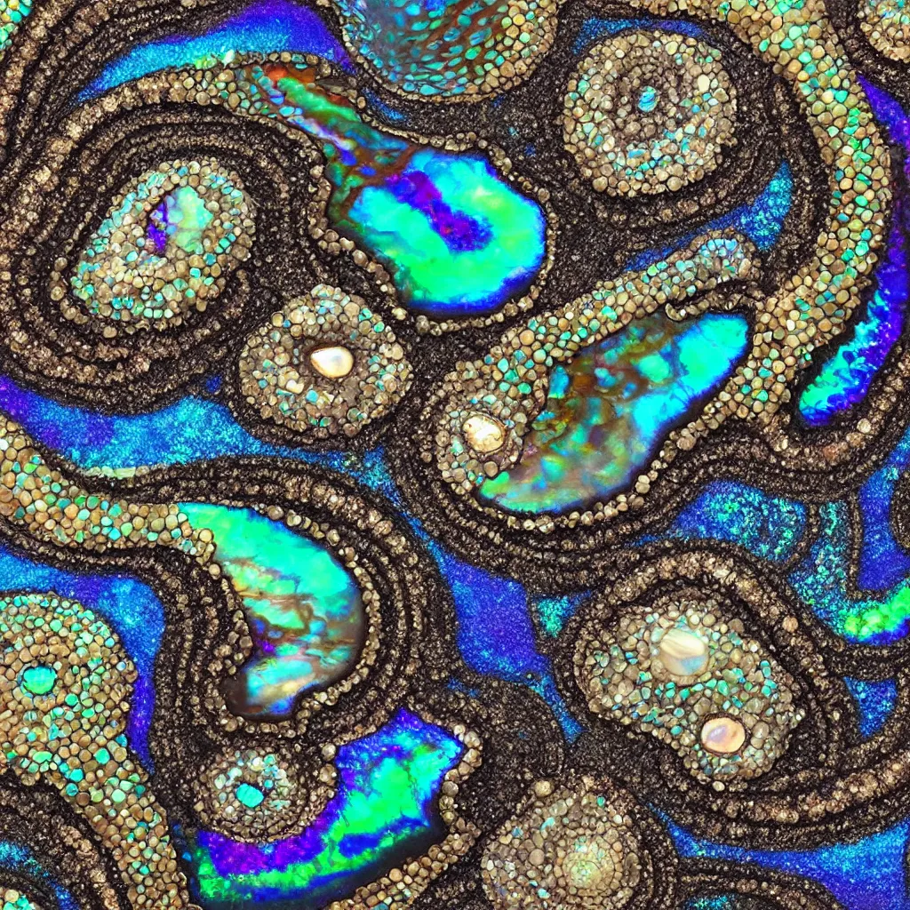 Prompt: art nouveau cresting oil slick waves, druzy geode, bubbles in a shiny iridescent oil slick wave, ammolite, black opals, rococo, organic rippling spirals, realistic hyperdetailed ultrasharp octane render, abalone, ammonite, paua shell, banded geode