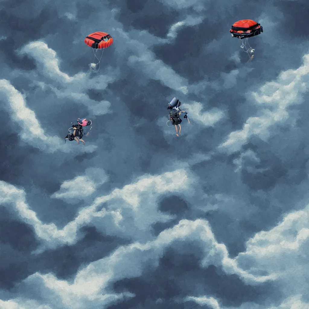 Image similar to a scubadiver floating above the clouds, digital illustration