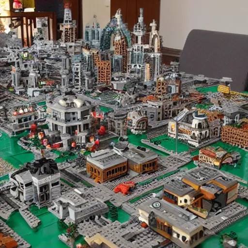 Image similar to a huge abandoned city build out of lego.