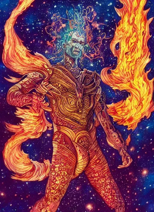 Image similar to high intricate colored ink drawing of the sandman holding a glimmering fire - galaxy, full shot, neil gaiman, maria panfilova, andrea savchenko, mike kime, ludovic plouffe, qi sheng luo, oliver cook, julian calle, eddie mendoza, trending on artstation