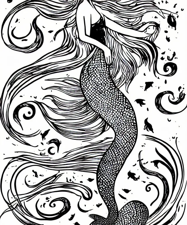 Prompt: black and white illustration, creative design, beautiful mermaid with fishes