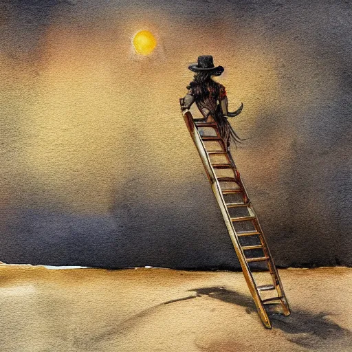 Image similar to randy savage with a ladder posing in desolate wasteland | fantasy watercolour painting | middle earth | conan | barbarian