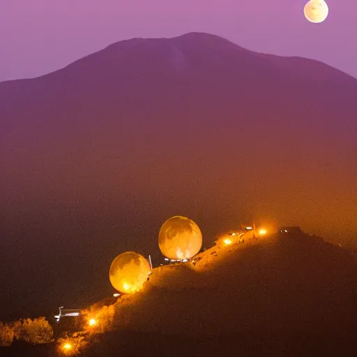 Prompt: Landscape of mountain at night with radio tower on top. Mist is covering the mountain. Yellow moon is behind radio tower.